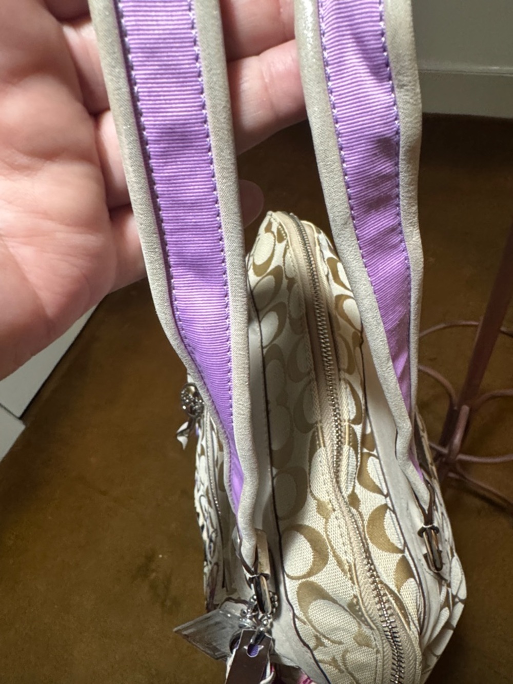 Coach Vintage Poppy Floral Appliqué Shoulder Tote Bag in Beige, Pink and Purple - Picture 5 of 10